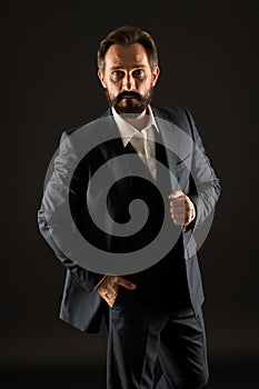 Classics eternal value. Bearded man with formal look. Businessman black background. Mature man in tuxedo suit. Classic