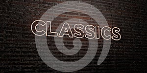 CLASSICS -Realistic Neon Sign on Brick Wall background - 3D rendered royalty free stock image