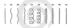 Classification of hair types - straight, wavy, curly, kinky. Scheme of different types of hair. Curly girl method