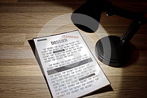 Classified, government dossier with redactions in a spotlight photo