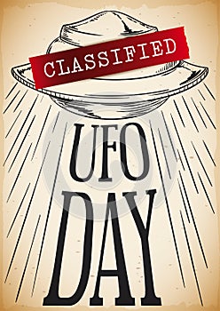 Classified Label and Draw with Flying Saucer for UFO Day, Vector Illustration