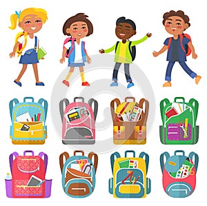 Classmates and Backpack Sticker, School Vector