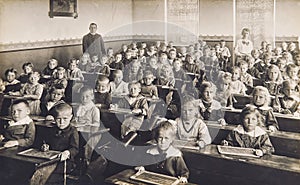 Classmates classroom. Children teacher school. Vintage photo