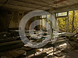 Classroom in the abandoned school in Pripyat. Chernobyl Exclusion Zone. Ukraine.