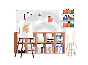 Classroom for art class. Creative studio, empty drawing atelier with painting supplies, canvas and easel, whiteboard