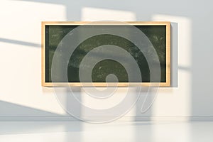 A classroom with a blackboard in the front of the room, 3d rendering