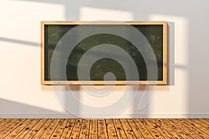 A classroom with a blackboard in the front of the room, 3d rendering