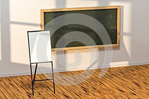 A classroom with a blackboard in the front of the room, 3d rendering