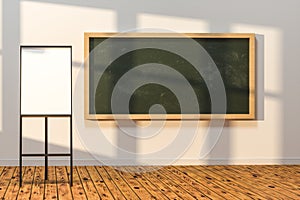 A classroom with a blackboard in the front of the room, 3d rendering