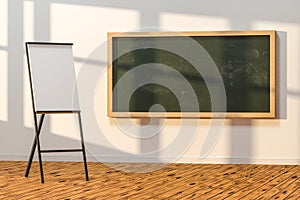 A classroom with a blackboard in the front of the room, 3d rendering