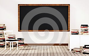 Classroom, blackboard on white wall with table, chair and piles of books on wooden floor, 3d rendered