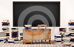 Classroom, blackboard on white wall with table, chair and piles of books on wooden floor, 3d rendered