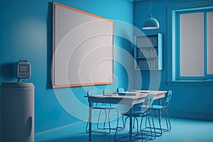 Classroom with blue walls and white boards
