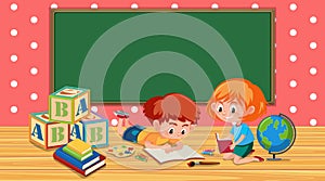 Classroom with boy and girl reading book