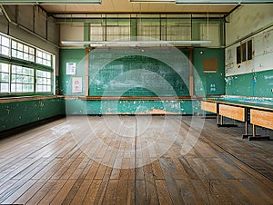 A classroom with a chalkboard and wooden floors