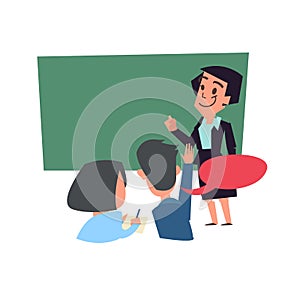 classroom concept. teacher teaching with blackboard behind student in classroom - vector