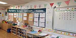 Classroom corner in nursery school with boards and notes