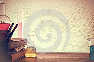 Classroom desk of chemistry teaching background photo