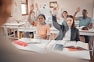 Classroom, education question or students hands for exam learning questions, university help or college people study for