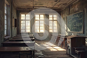 A classroom filled with rows of desks and a large chalkboard at the front, A Gastby-esque depiction of an empty classroom in an