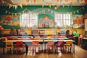 A classroom filled with tables, chairs, and decorative items, A vibrant kindergarten classroom full of enthusiastic children, AI