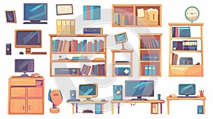 Classroom furniture for computer classes or open offices. Modern cartoon set of a college classroom or cabinet interior