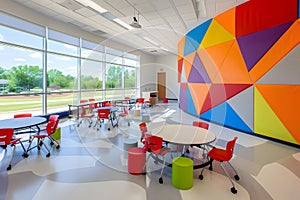 Classroom in a geometric school building with innovative design and vibrant colors photo