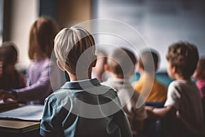 In the classroom, a group of school kids listening to teacher from the back. elementary school