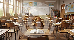 Classroom Interior Empty Desks, Back to School Concept