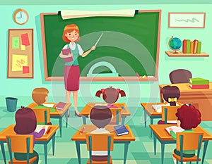 Classroom with kids. Teacher or professor teaches students in elementary school class. Student learn on lessons vector photo