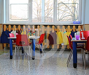 Classroom in kindergarten with small chairs and tables