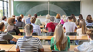 a classroom with a large blackboard and many students