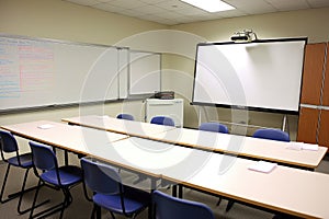 classroom with large whiteboard and markers, ready for lecture or demonstration