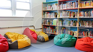 A classroom library corner with neatly shelved books and colorful bean bags photo