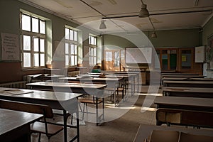 Classroom in the old school of the city of Odessa, Ukraine, Decorated Interior of an empty school class, AI Generated