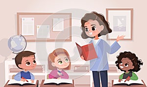 Classroom with pupils and teacher. Classroom interior. Children listen to teacher