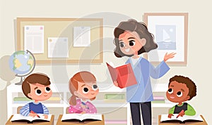 Classroom with pupils and teacher. Lesson. Classroom interior.