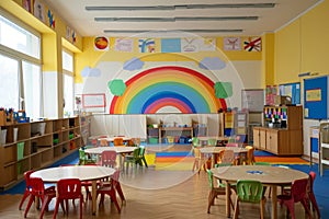 A Classroom With a Rainbow Painted on the Wall, An empty kindergarten classroom decorated with rainbow colors, AI Generated