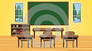 Classroom scene with board and desks