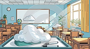 Cartoon Classroom with Cloud Computing Concept