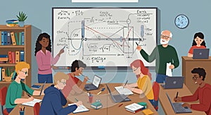 A classroom scene depicts a diverse group engaging in a physics lesson. A