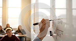 Classroom Scene with Student Solving Math Equations on Whiteboard