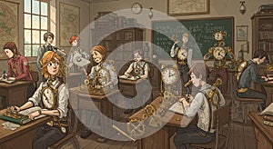A classroom scene with students wearing steampunk-inspired contraptions featuring