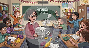 Classroom scene with a substitute teacher holding a stack of papers, looking