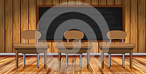 Classroom scene with wooden desks and chairs