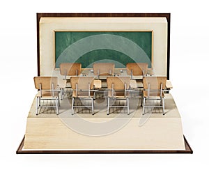 Classroom seats and blackboard standing on open book pages. Education concept. 3D illustration