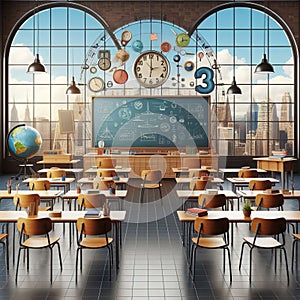 Classroom setting with desks and chairs on a transparent bacgro