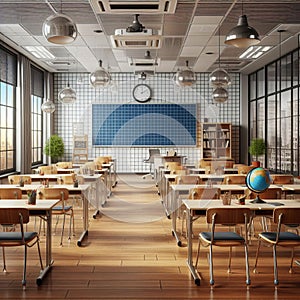 Classroom setting with desks and chairs on a transparent bacgro