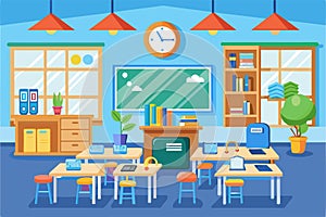 A classroom setting with rows of desks and chairs, with a clock hanging on the wall, Classroom Customizable Flat Illustration