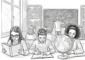 The students are dressed in casual attire and seated at desks